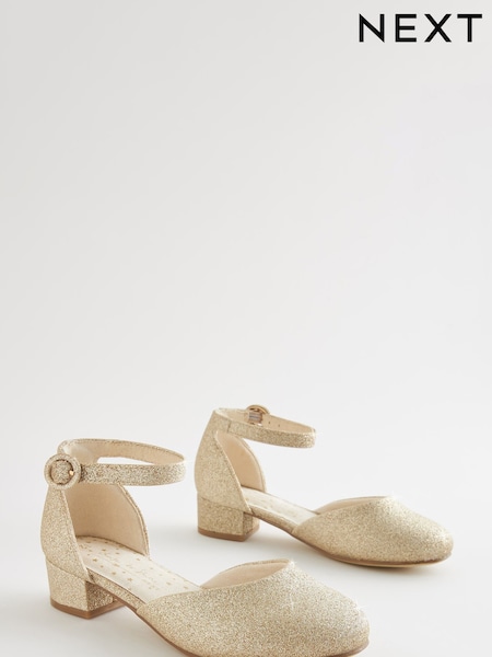 Gold Glitter Occasion Ankle Strap Low Heel Shoes (C61997) | € 14 - € 18