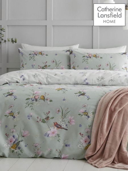 Catherine Lansfield Green Songbird Reversible Duvet Cover and Pillowcase Set (C62125) | ₪85 - ₪141