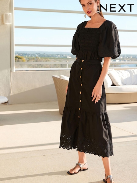 Schwarz - Button Through 100% Cotton Midi Skirt (C62300) | 25 €
