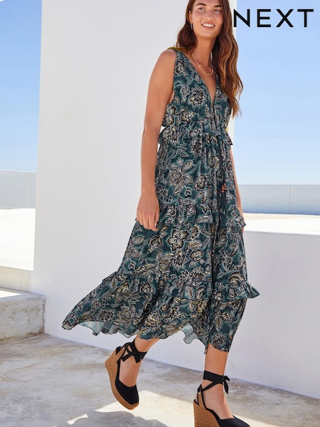 Navy Floral Plunge Frill Midi Summer Dress (C62367) | €24