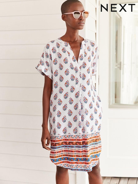 Kremno bel potiskom na robu - Oversize Kaftan Mini Dress (C64323) | € 16