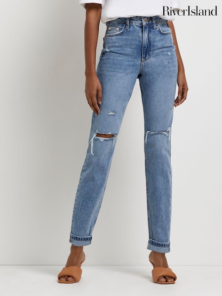 River Island Blue Denim Medium Mom High Rise Ripped Barnsley Jeans (C65067) | €21