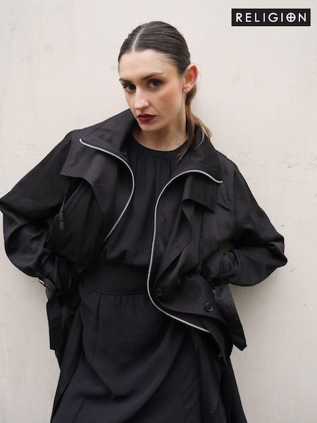 Religion Black Lightweight Waterfall Cotton Charisma Trench Coat (C65119) | €79