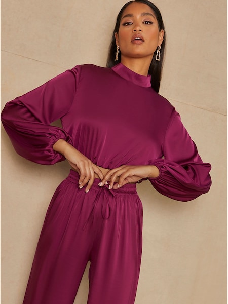 Chi Chi London Berry Red Long Sleeve High Neck Satin Top (C65582) | €21.50