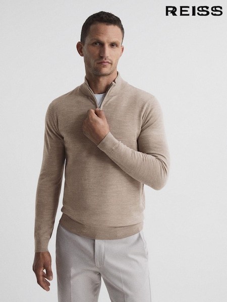قمحي مختلط - Reiss Blackhall Merino Wool Half-Zip Funnel Neck Jumper (C66160) | ‏706 د.إ.‏