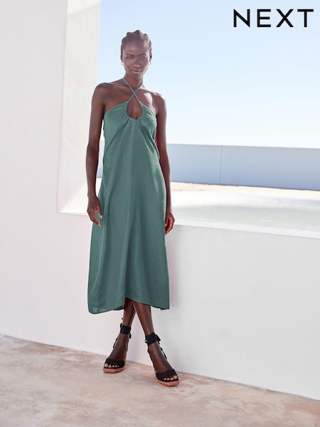 Teal Blue 100% Linen Ruched Halter Midi Dress (C66686) | €10