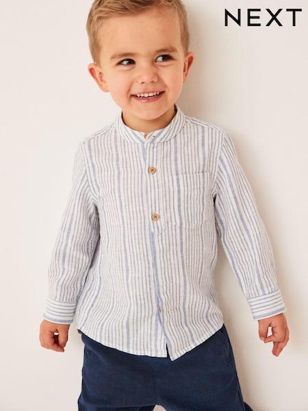 Blue/White Stripe Grandad Collar Linen Mix Shirt (3mths-7yrs) (C66876) | €7 - €8