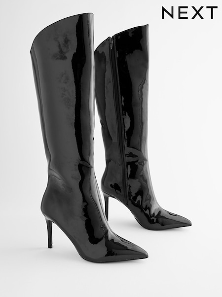 Black Pointed Toe Patent Knee High Boots (C66972) | € 19