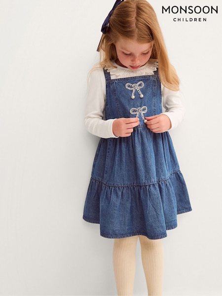 Blue - Monsoon Long Sleeve Top & Denim Pinafore Dress Set
