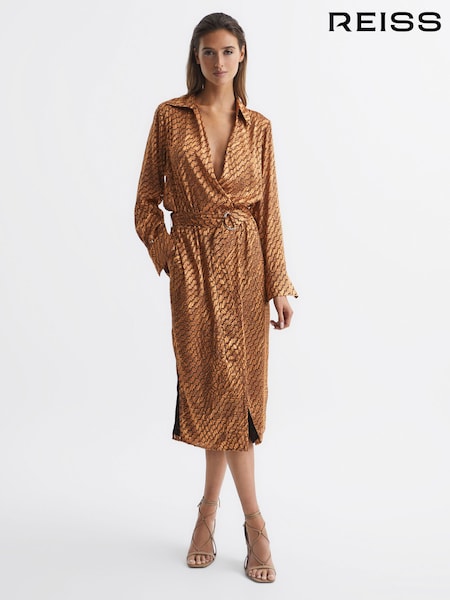 Reiss Bronze Emily Devoure Print Belted Midi Dress (C67343) | OMR174