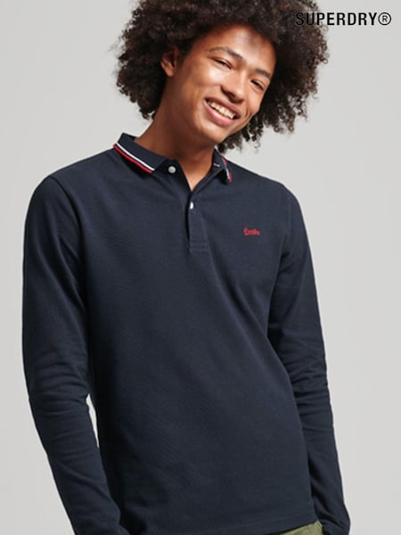 Superdry Blue 100% Cotton Vintage Tipped Long Sleeve Polo Shirt (C67413) | €34