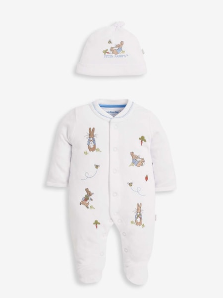 JoJo Maman Bébé White Peter Rabbit Cotton Embroidered Baby Sleepsuit & Hat Set (C67414) | €41