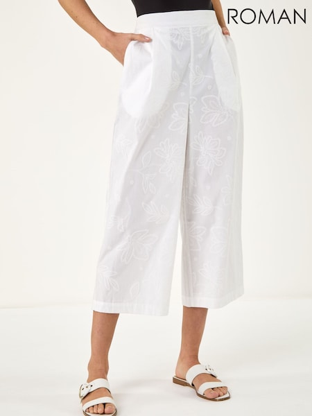 White - Roman Textured Floral Cropped Wide Leg Trousers