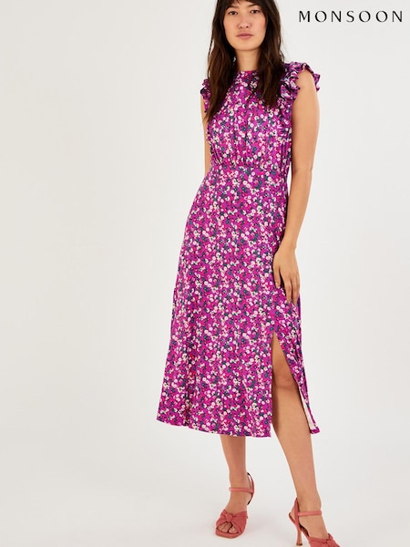 Monsoon Purple Frill Sleeveless Ditsy Floral Midi Dress (C67891) | €44.50