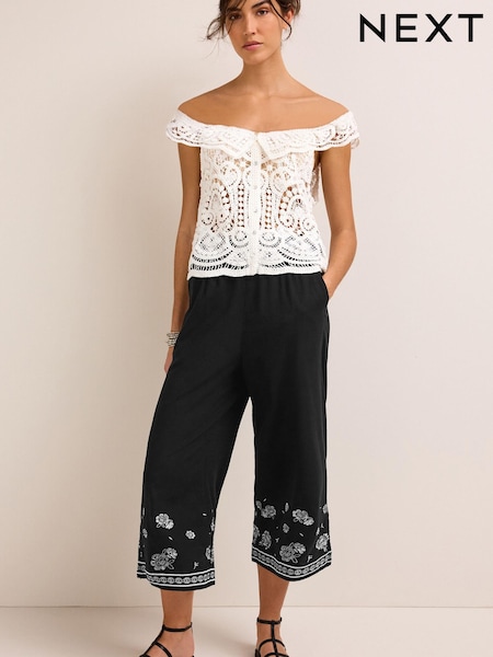 Schwarz - Hosenrock aus Leinenmix mit Stickerei (C68368) | 24 €