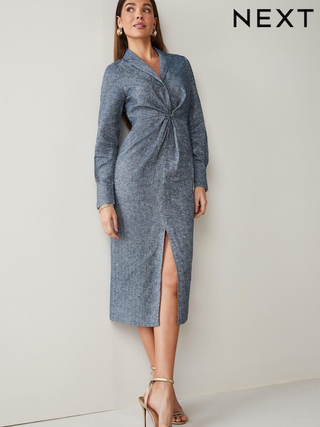 Blue Chambray Linen Blend Twist Front Collared Midi Dress (C68553) | €20