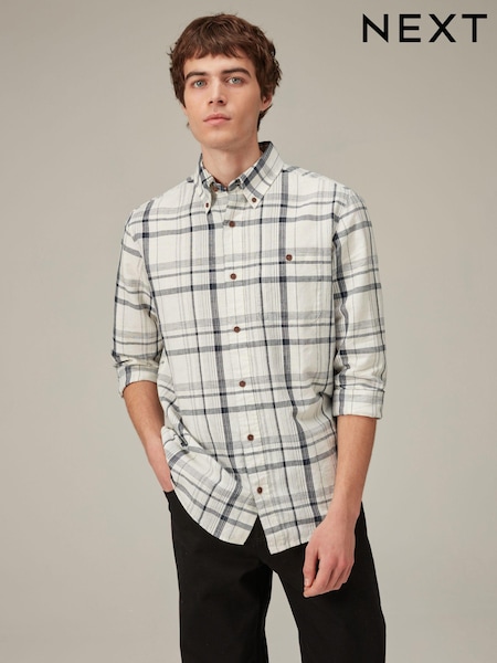 White Linen Blend Check Long Sleeve Shirt (C69320) | €17.50