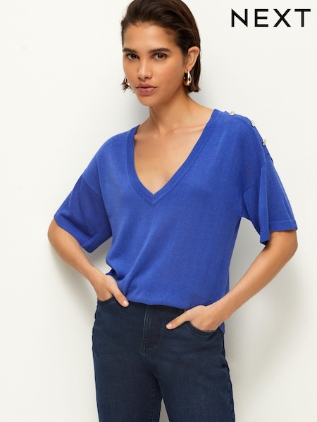 Bright Blue V-Neck Gem Button Linen T-Shirt (C69583) | €10