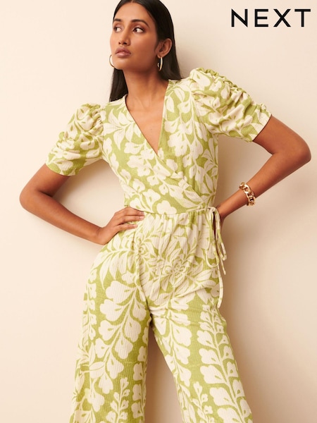 Lime Green Leaf Print V-Neck Short Sleeve Jumpsuit (C70035) | €21