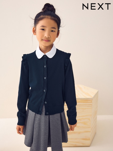 Navy Blue Cotton Rich Frill Shoulder School Cardigan (3-16yrs) (C70107) | AED51 - AED76