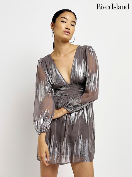 River Island Silver Tie Back Swing Mini 100% Cotton Dress (C70303) | €63