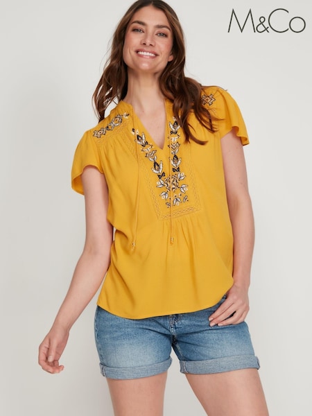 M&Co Yellow Embroidered Short Sleeve Mustard Top (C70405) | €18.50