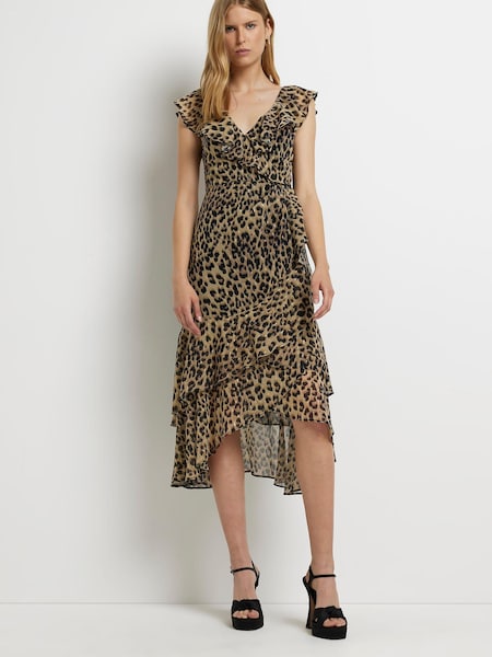 River Island Frill Wrap Brown Midi Dress (C70590) | €30
