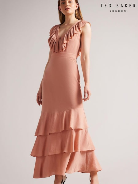 Ted Baker Dusky Pink Ashleih Crinkle Crepé Maxi Dress With Ruffle (C70967) | €226