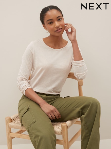 Oatmeal Long Sleeve Crew Neck 100% Cotton Top (C71089) | 28 QAR