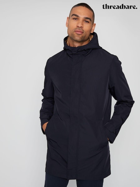 Threadbare Navy Blue Luxe Showerproof Zip Up Hooded Waterproof Raincoat (C71211) | €80