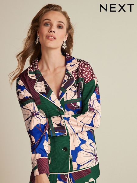 Green Patch Print Satin Button Front Blouse (C71264) | €17
