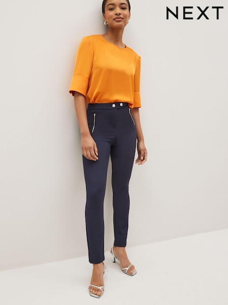 Navy Blue Elastic Back Skinny Zip Detail Trousers (C71539) | €18