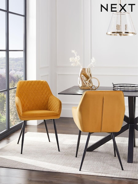 Set of 2 Soft Velvet Ochre Yellow Hamilton Black Leg Quilted Dining Chairs (C71595) | €380