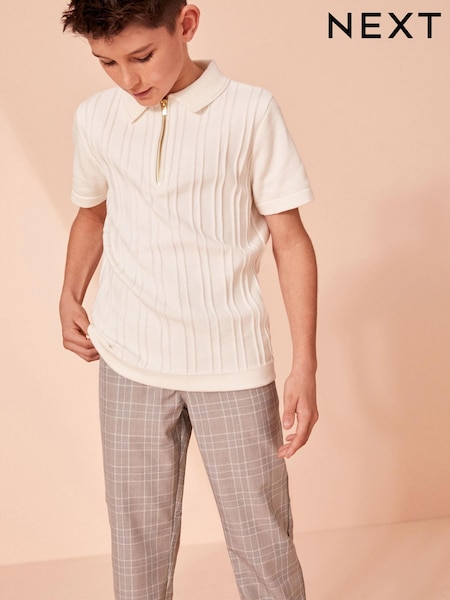 White Short Sleeve Textured Zip Neck Polo Shirt (3-16yrs) (C71772) | €8 - €11