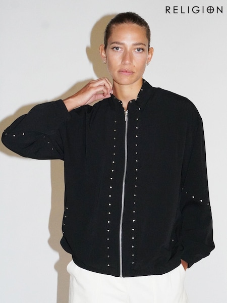 Religion Black Light Weight Bomber Jacket with Stud Embellishment (C71803) | AED94