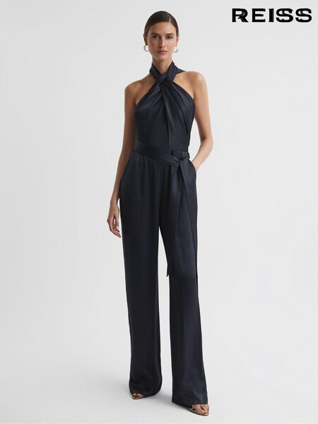 Azul marino medianoche - Reiss Jules Satin Halter Neck Fitted Jumpsuit (C71836) | 385 €