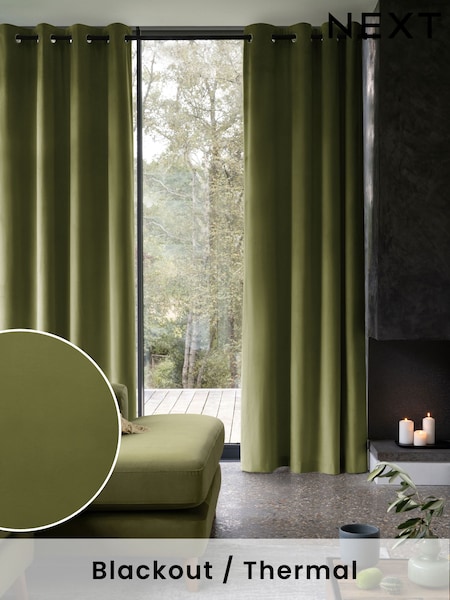 Green Olive Matte Velvet Blackout/Thermal Curtains (C71865) | $114 - $309