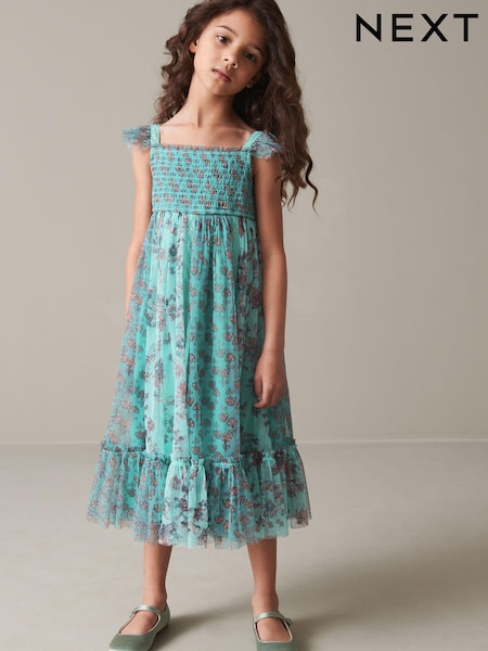 Teal Blue/Mint Green Floral Print Mesh Strappy Midi Dress (3-16yrs) (C71882) | € 24 - € 30