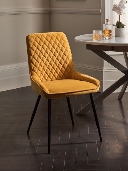 Set of 2 Soft Velvet Ochre Yellow Hamilton Black Leg Quilted Dining Chairs (C71947) | €320