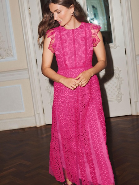 Ярко-розовый - Crochet Lace Short Sleeve Occasion Midi Dress (C72495) | €63