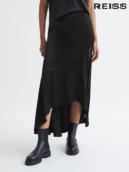 Reiss Black Inga Satin High Rise Midi Skirt (C72620) | €208