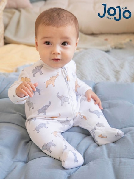 JoJo Maman Bébé White Elephant Print Zip Cotton Baby Sleepsuit (C72709) | 1,202 UAH