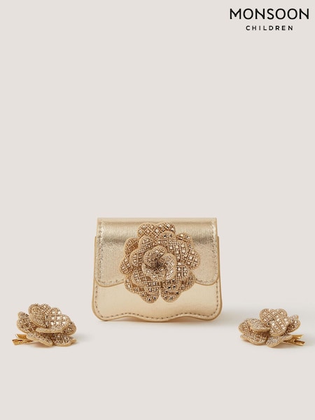 Gold - Monsoon Diamanté Flower Bag & Hair Clips Set
