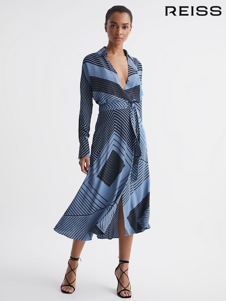 Reiss Blue Talia Printed Spliced Midi Dress (C73910) | €96