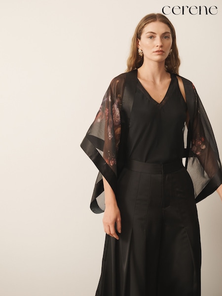 Black Majestic Floral Print - Cerene Sheer Cape Cover-up With Satin Trim