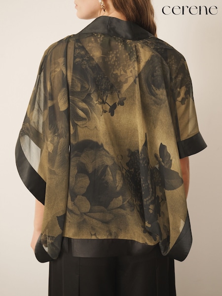 Gold Cerenity Floral Print - Cerene Sheer Cape Cover-up With Satin Trim