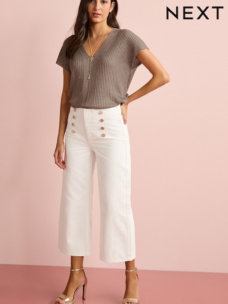 White Button Detail Cropped Wide Leg Jeans (C75015) | €21