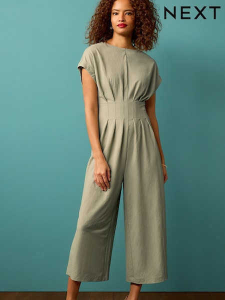 Green Short Sleeve Pleated Corset Detail Wide Leg Jumpsuit (C75059) | €20