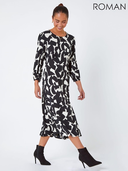 Roman Black Petite Geo Print Stretch Midi Dress (C75230) | €37