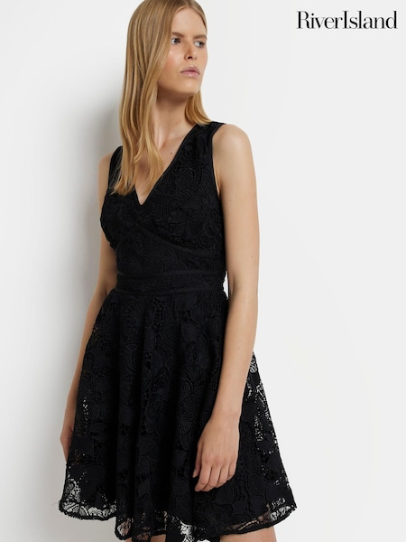 River Island Black Mini Lace Puff Skirt Dress (C75351) | €42